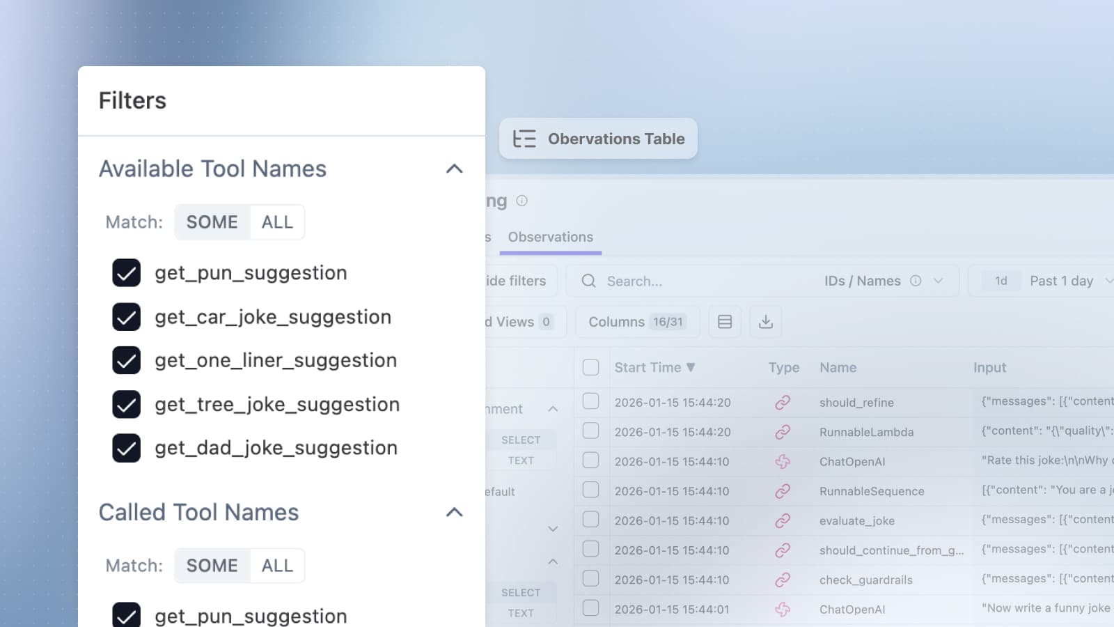 Filter Observations by Tool Calls and add Tool Calls to Dashboard Widgets