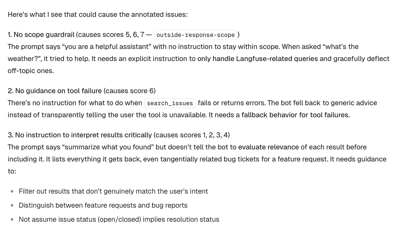 Claude's analysis of prompt gaps: no scope guardrail, no guidance on tool failure, no instruction to interpret results critically
